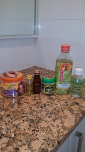 (Right to left)profectiv, almond oil, Castor oil, shea butter, grape seed, glycerin